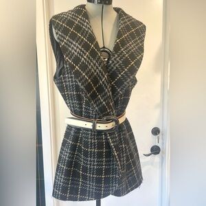 Amber Sun tartan vest, charcoal grey/gold, pockets, belt included, L